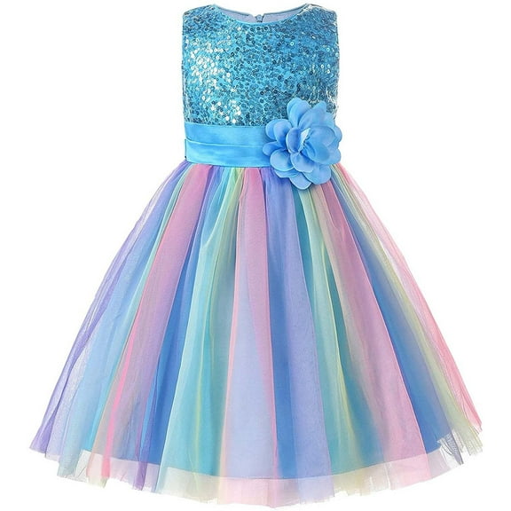 KAWELL Flower Girls Sequence Sequin Rainbow Tulle Wedding Party Dress Bridesmaid Birthday Pageant Ball Gown