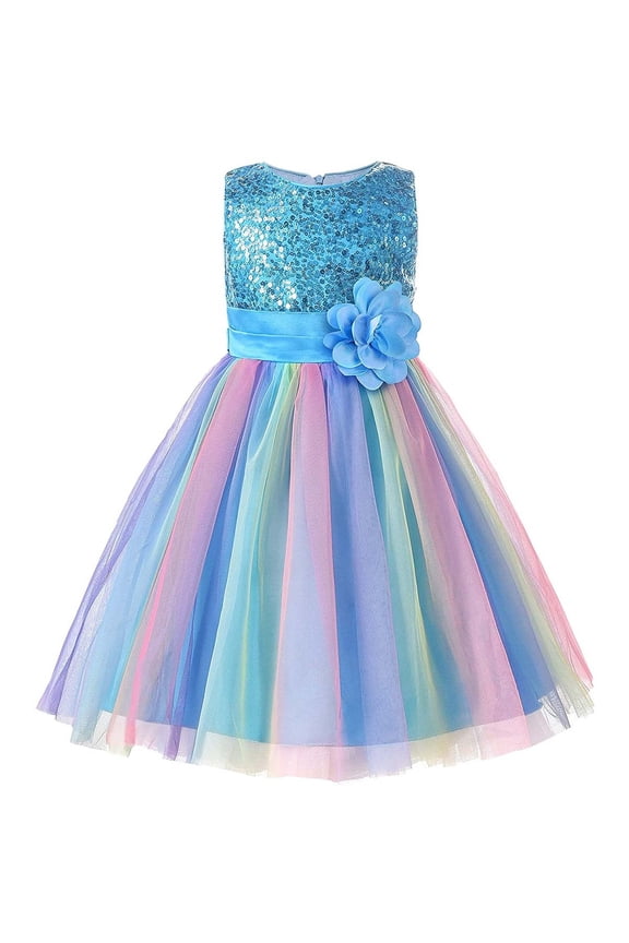 Flower Girls Sequence Sequin Rainbow Tulle Wedding Party Dress Bridesmaid Birthday Pageant Ball Gown