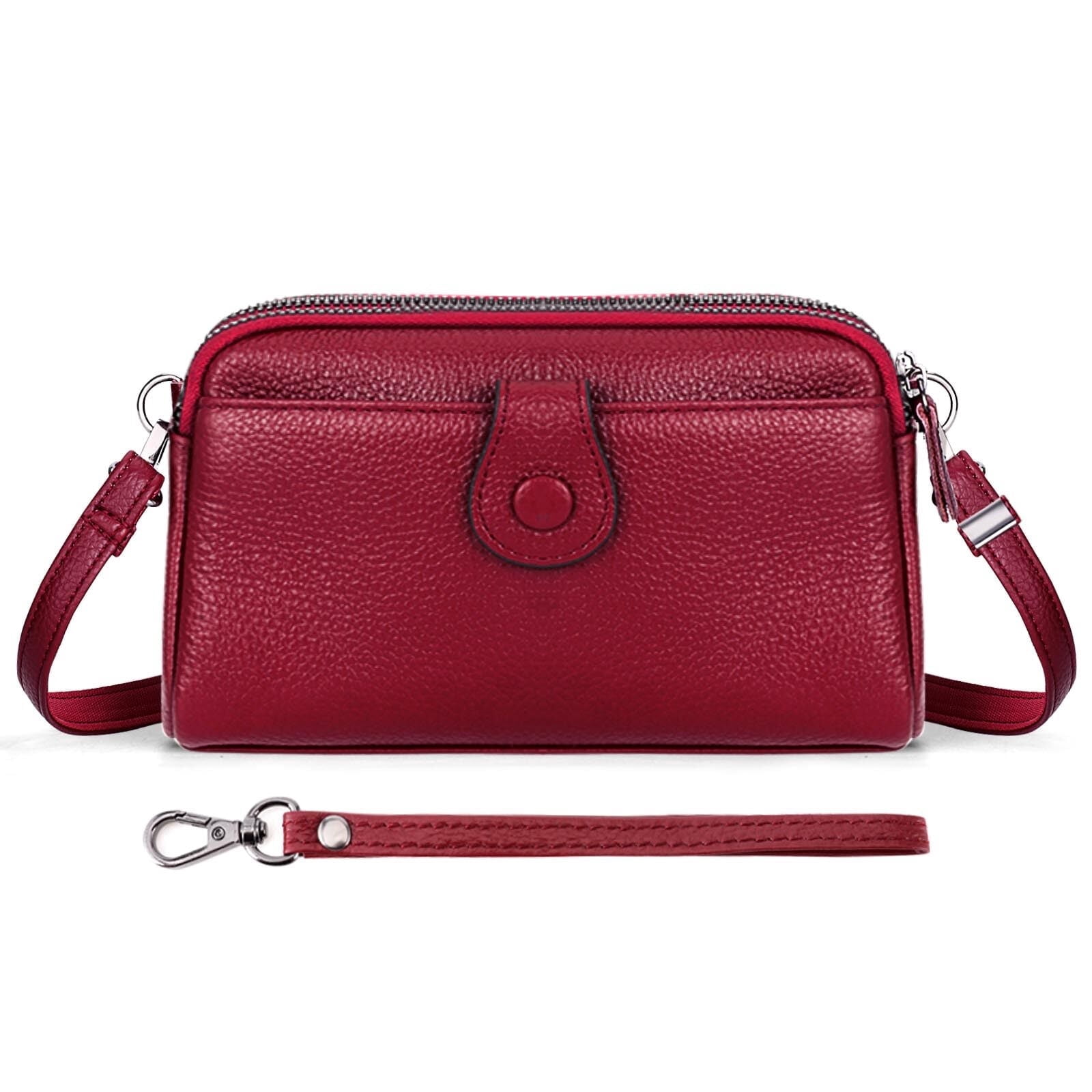 KAWELL Genuine Leather Wristlet Clutch Wallet Purses Small Crossbody Bags Shoulder Handbag for Women, Silver Zipper