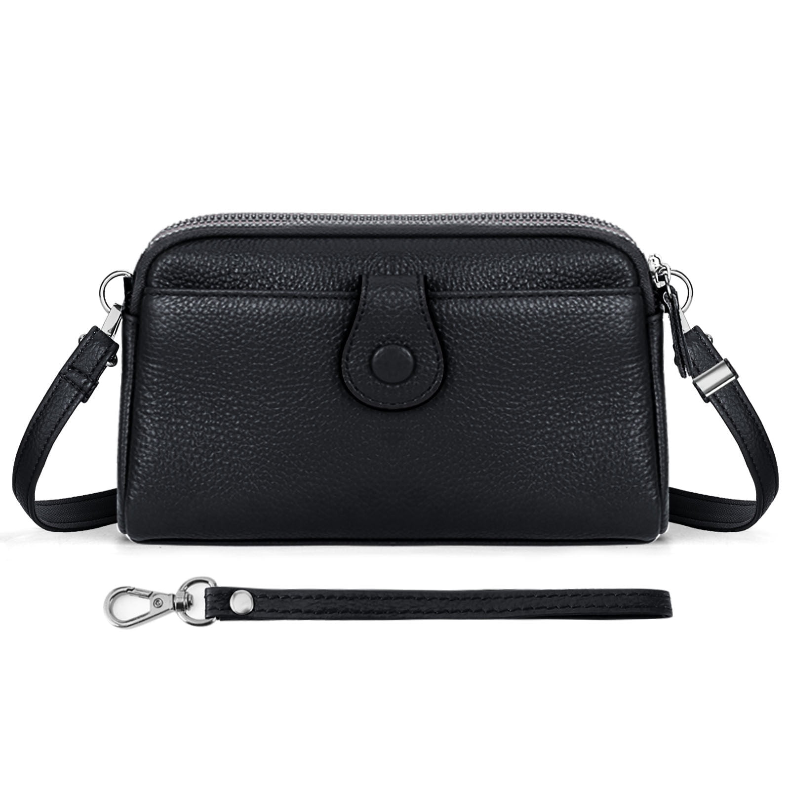 KAWELL Genuine Leather Wristlet Clutch Wallet Purses Small Crossbody Bags Shoulder Handbag for Women, Silver Zipper