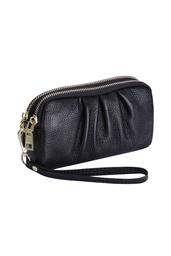Genuine Leather Wristlet Wallet for Women - Luxury Ruched Clutch with Wrist Strap