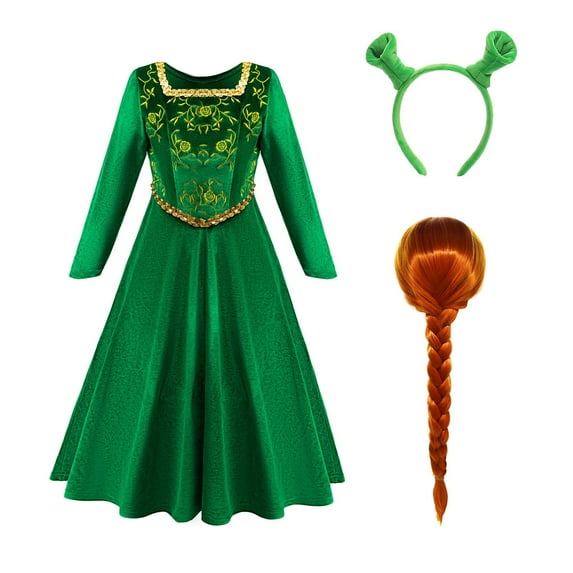 KAWELL Girl's Cosplay Costume Green Dress with Long Sleeve Kids Princess Dress Gown with Wig/Crown/Hairband for Halloween Party Outfit
