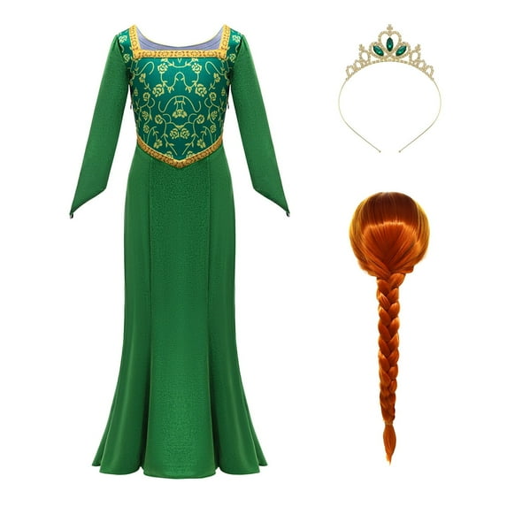KAWELL Girl's Cosplay Costume Green Dress with Long Sleeve Kids Princess Dress Gown with Wig/Crown/Hairband for Halloween Party Outfit