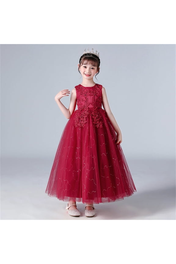 Girls Flower Vintage Floral Lace Sleeveless Floor Length Dress Wedding Party Evening Formal Pageant Dance Gown