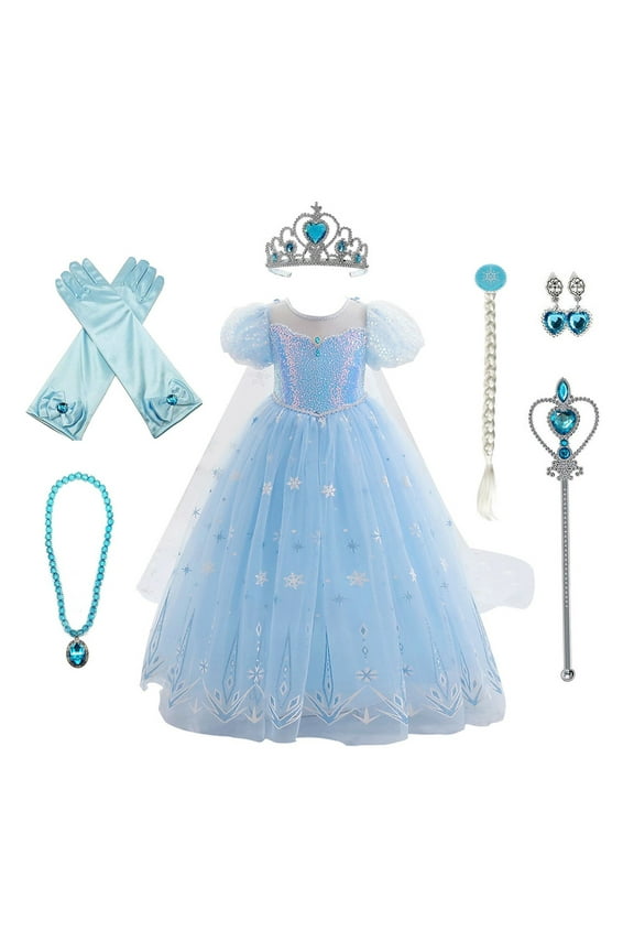 Girls Frozen Elsa Princess Dress Sequin Mesh Tull Dress Halloween Costume Christmas Birthday Evening Party Ball Gown with Accessories