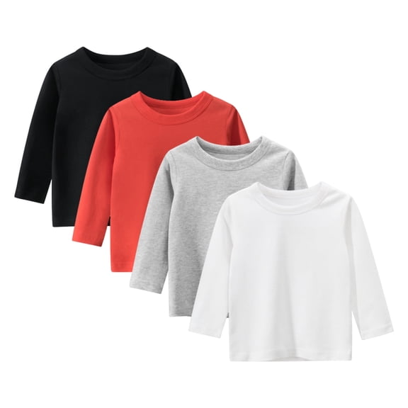 KAWELL Girls' Long Sleeve Tees,100% Cotton Tagless 4 Pack Crew Neck T Shirts