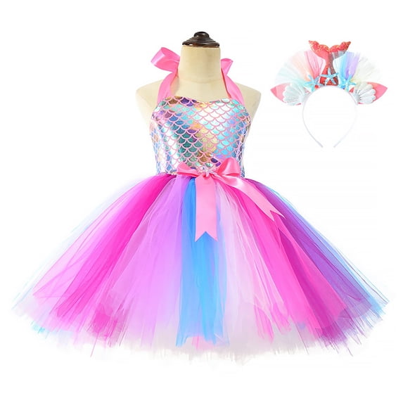 KAWELL Mermaid Tutu Dress Birthday Party Halloween Princess Costume with Headband (Rose)