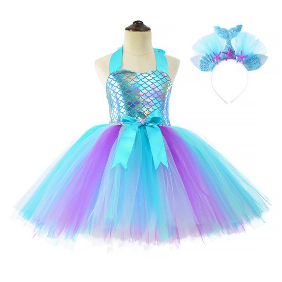 KAWELL Mermaid Tutu Dress Birthday Party Halloween Princess Costume with Headband (Blue)