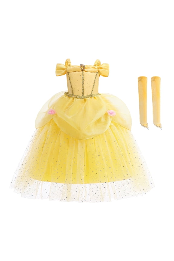 Girls Off Shoulder Sequins Belle Princess Tulle Dress Masquerade Ball with Cuff