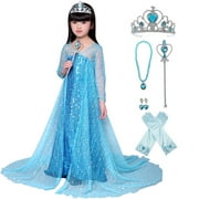 KAWELL Girls Princess Elsa Anna Costume Birthday Party Christmas Halloween Fancy Dress up With Accessories,Little Girls 5T
