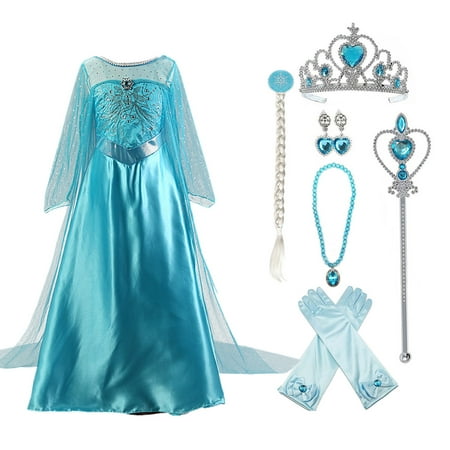 KAWELL Girls Princess Party Elsa Dress Little Girls Cosplay Costume with Accessories,Size 4/5