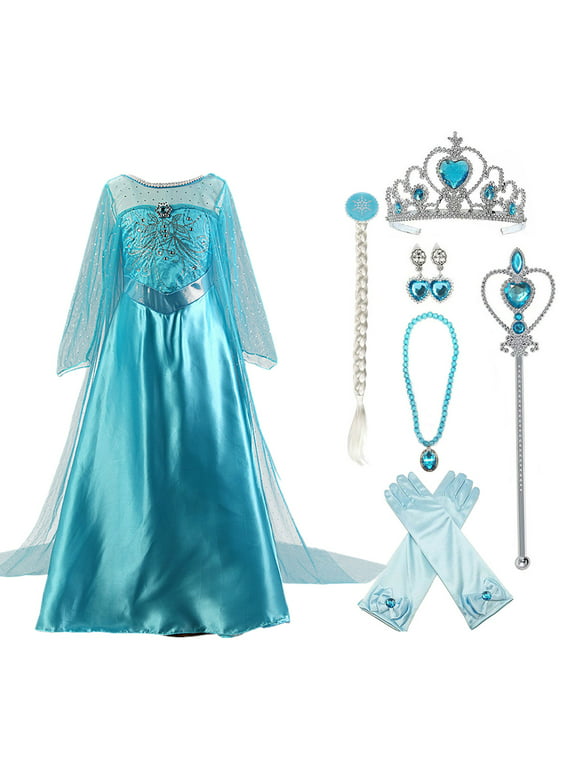 KAWELL Girls Princess Party Elsa Dress Little Girls Cosplay Costume with Accessories,Size 6/7