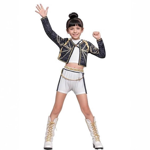 KAWELL Girls Stage Idol Costume Set, Pop Star Singer Stage Outfit for Kids, Hip Hop Dance Costumes for Halloween Cosplay 3–14 Years Old