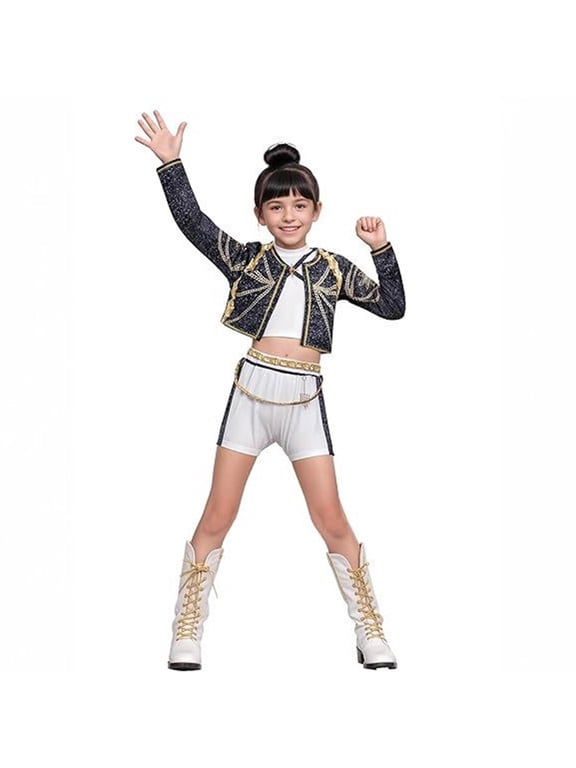 Girls Stage Idol Costume Set, Pop Star Singer Stage Outfit for Kids, Hip Hop Dance Costumes for Halloween Cosplay 3โ14 Years Old