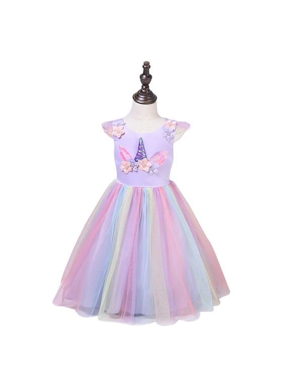 Girls Unicorn Princess Dress Flower Rainbow Tulle Dress Party Dress for 3-8 Years Old