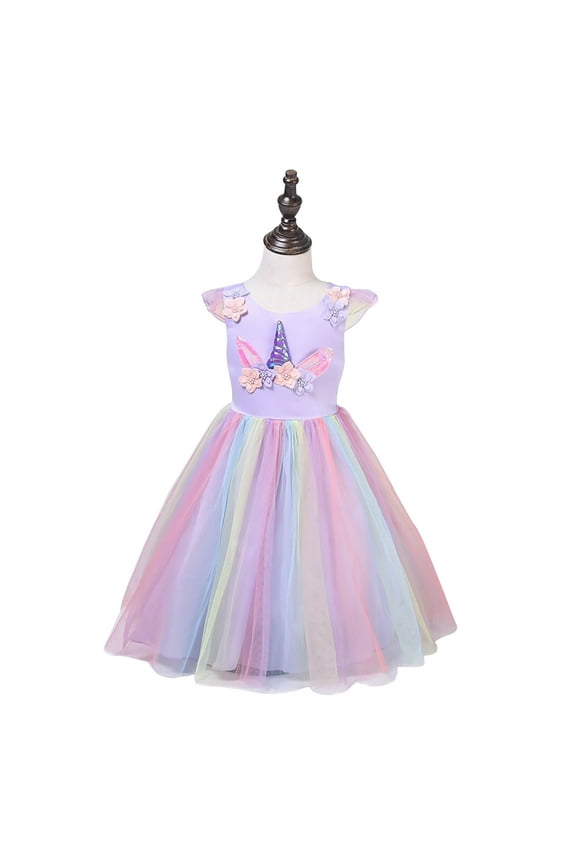 Girls Unicorn Princess Dress Flower Rainbow Tulle Dress Party Dress for 3-8 Years Old