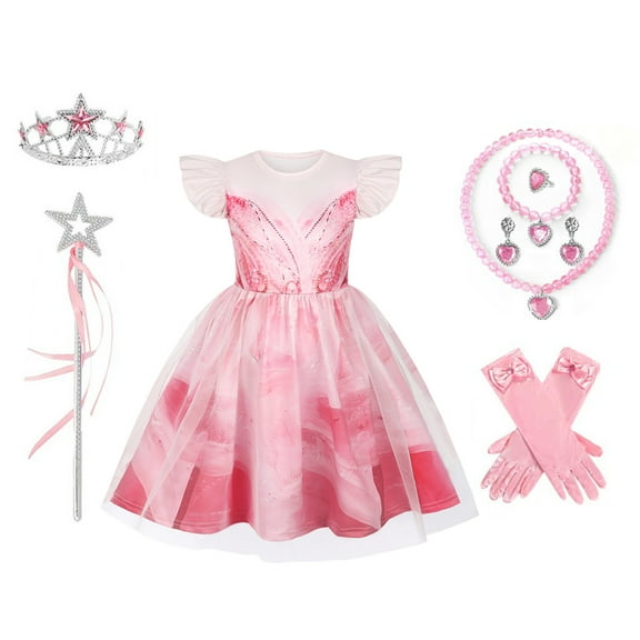 KAWELL Good Witch Glinda Costume Pink Princess Dress for Kids Halloween Costumes Witch Dress with Star Crown Wand Gloves