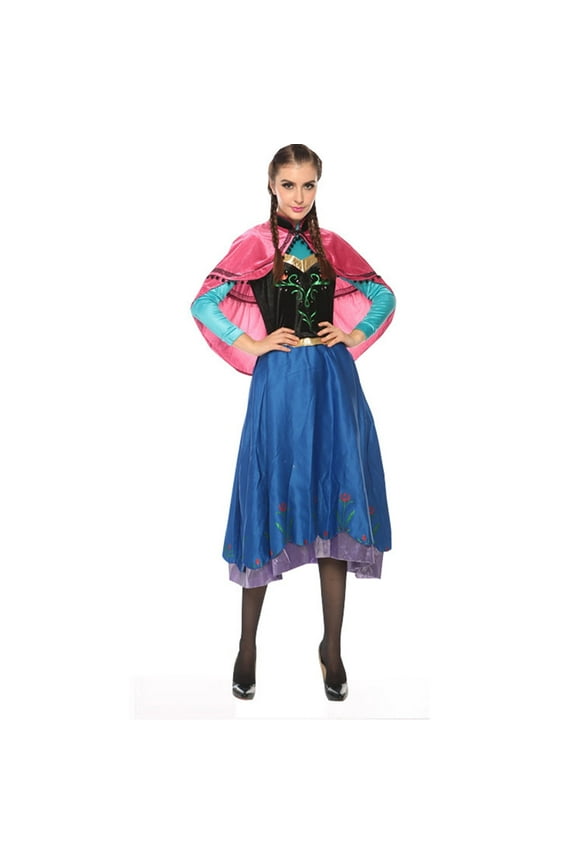 Halloween Adult Princess Anna Dress Costume with Cape Birthday Cosplay Dress Up