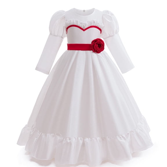 KAWELL Halloween Scary White Dress Horror Movie Party Long Dress Cosplay Costume with Wig