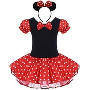 KAWELL Toddler Girls Polka Dot Tutu Dress with Ear Headband, Kids Character Inspired Costume Outfit for Halloween, Theme Park, Birthday Party, Child 4-5Y