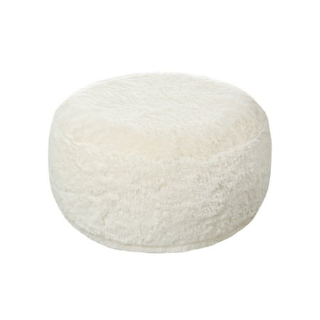 KAWELL Mongolian Faux Fur Inflatable Ottoman, Round Foot Rest, Vanity Stool, Makeup Stool, Accent Furniture, Ivory White, Machine Washable