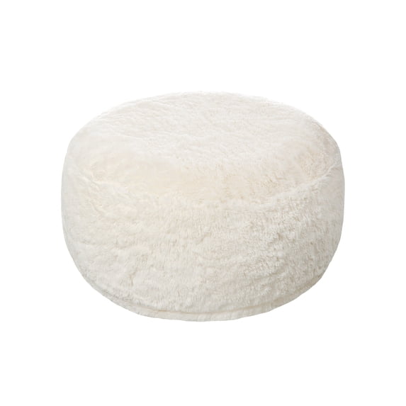 KAWELL Mongolian Faux Fur Inflatable Ottoman, Round Foot Rest, Vanity Stool, Makeup Stool, Accent Furniture, Ivory White, Machine Washable
