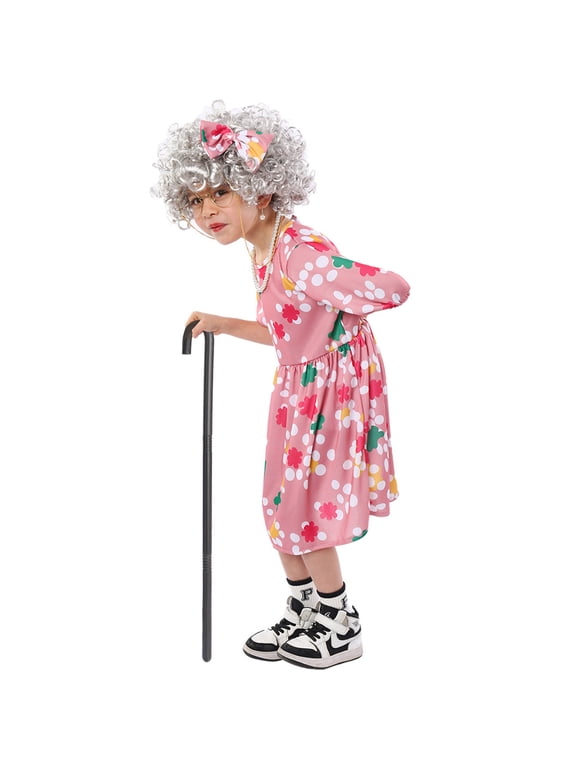 Old Lady Costume 100 Days Costume Grandma Granny Costume Wig for Halloween Cosplay
