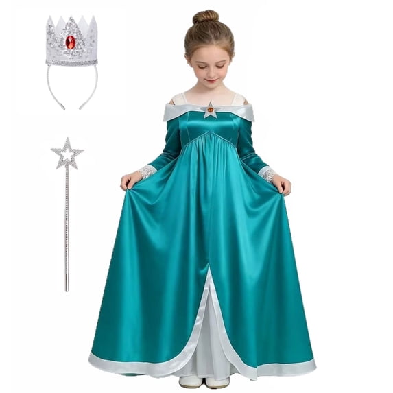 KAWELL Princess Costume Galaxy Movie Off Shoulder Fancy Dress with Crown Wand Accessories Cosplay Party Green