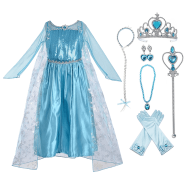 KAWELL Princess Costume for Girls Halloween Dress Up with Crown,Mace,Gloves Accessories