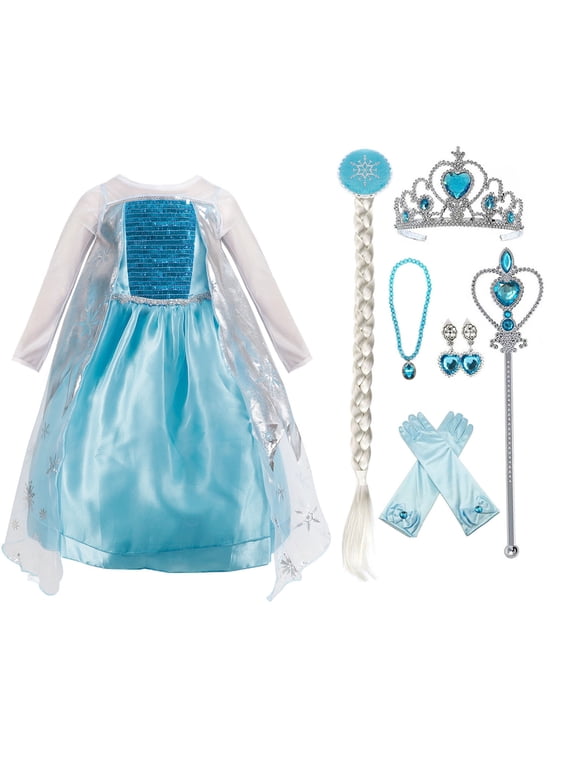 Girls Blue Snowflake Princess Costume Set, Long‑Sleeve Fancy Dress with Complete Cosplay Accessories for Halloween Birthday Party, Sizes 2T‑7T
