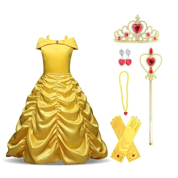 KAWELL Princess Off Shoulder Layered Costume Dress for Little Girls with Accessories, Child 5-6 Years