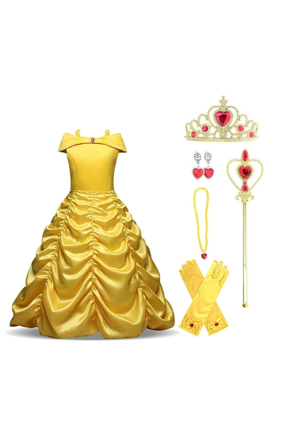 Princess Off Shoulder Layered Costume Dress for Little Girls with Accessories, Child 5-6 Years
