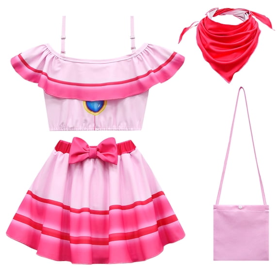 KAWELL Princess Peach Swimsuits for Girls,2-Piece Bathing Suit Tankini Swimwear for Kids Party Dress Up