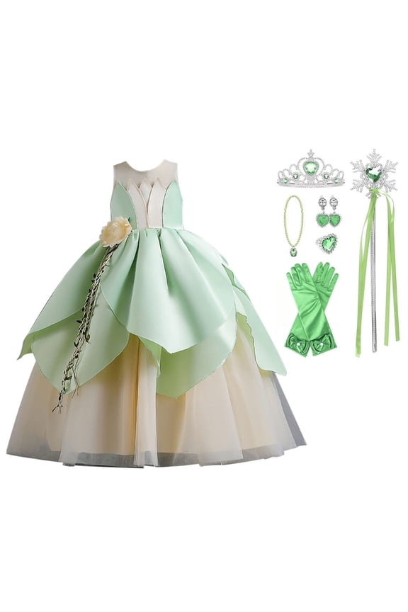 Princess Tiana Costume for Girls Birthday Halloween Dress Up Outfits with Accessories