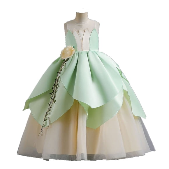KAWELL Princess Tiana Costume for Girls Birthday Halloween Dress Up Outfits