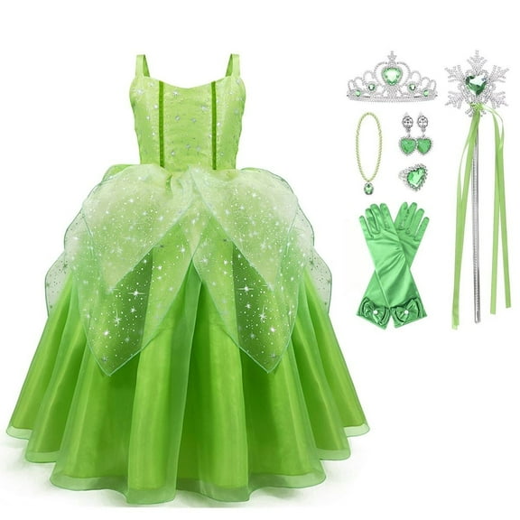 KAWELL Princess Tiana Dress Party Costume for Little Girls Fancy Christmas/Halloween Child Role Play Green Fairy Skirt with Luxury Accessories Outfits,7/8