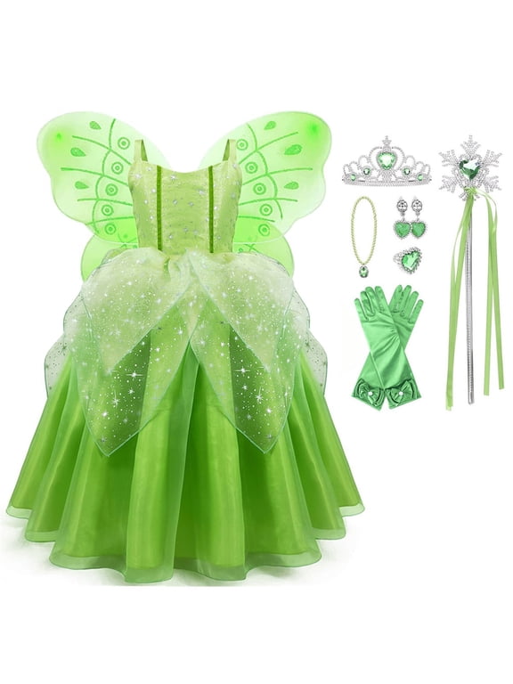 Princess Dress Party Costume for Little Girls Fancy Christmas/Halloween Child Role Play Green Fairy Skirt with Luxury Accessories Outfits,2/3t