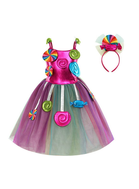 KAWELL Rainbow Candy Tutu Dress for Girls 3-10Y Candy Princess Costume with Headband for Halloween Birthday Party Dress up
