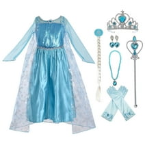 KAWELL Snow Queen Princess Elsa Costumes Birthday Dress Up for Little Girls with Crown,Mace,Gloves Accessories