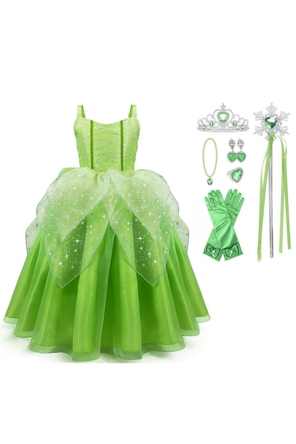 Princess Tiana Dress Party Costume for Little Girls Fancy Christmas/Halloween Child Role Play Green Fairy Skirt with Luxury Accessories Outfits,4/5