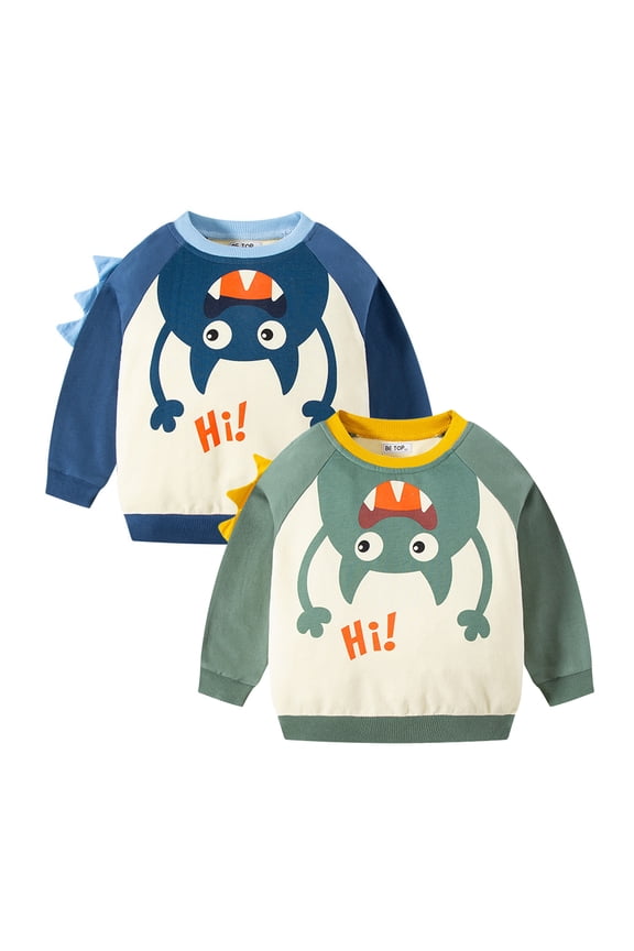 Toddler Boys Monster Print Sweatshirt Sweatshirt Long Sleeve Pullover Round Neck Top 2 PACK