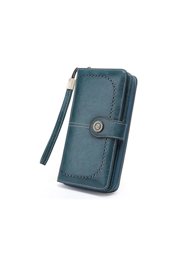 Women's Leather RFID Blocking Wristlet Wallet - Large Capacity Purse with Wrist Strap