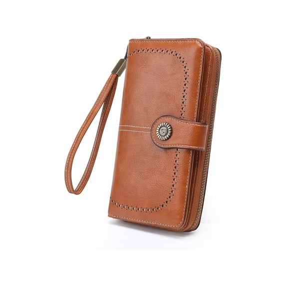 KAWELL Women's Leather RFID Blocking Wristlet Wallet - Large Capacity Purse with Wrist Strap
