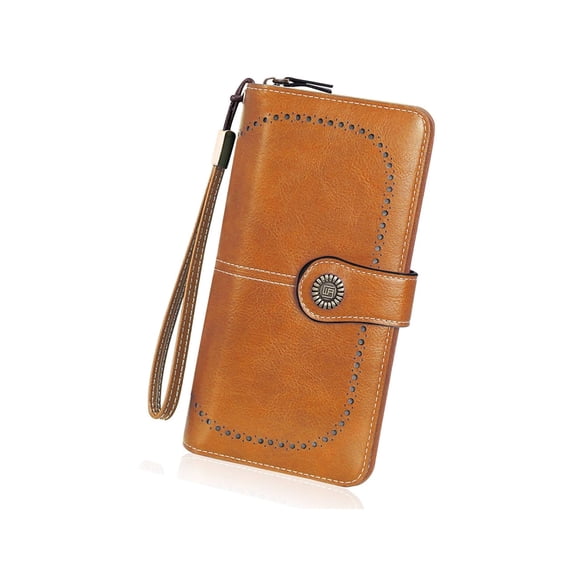 KAWELL Women's Leather RFID Blocking Wristlet Wallet - Large Capacity Purse with Wrist Strap