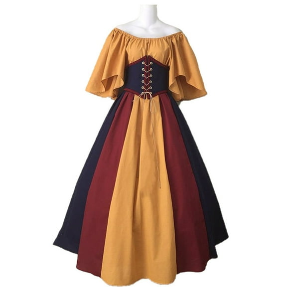 KAWELL Women's Plus Size Victorian Dress Flare Sleeve Off Shoulder Medieval Vintage Dresses with Corset Patchwork Ball Gown
