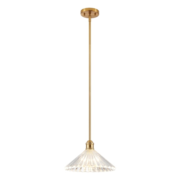 KAWOTI 1-Light Brushed Gold Pendant Light with Clear Ribbed Tapered Glass Shade