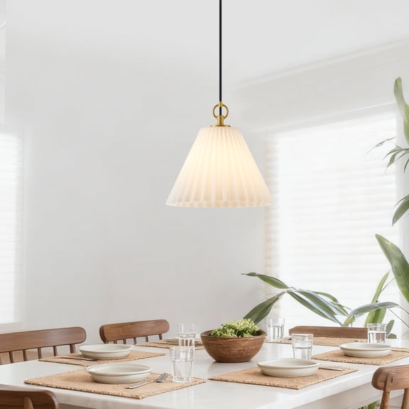 KAWOTI 1-Light Pendant Light Painted Gold Finish with Opal Ribbed Glass Shade