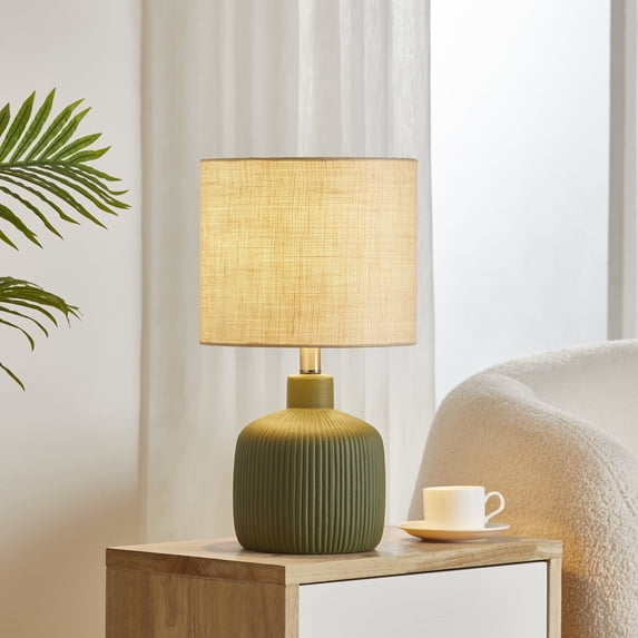 KAWOTI 17.75'' Green Ceramic Table Lamp, Rustic Farmhouse Bedside Table Lamp for Living Room Bedroom with Beige shade
