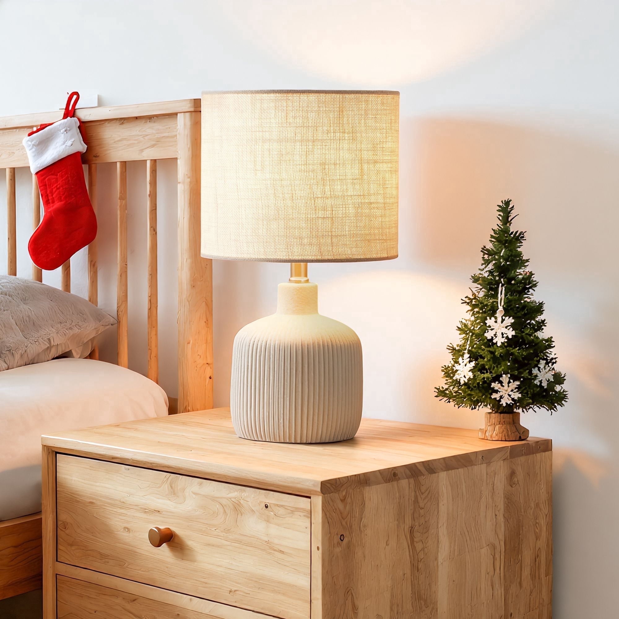 KAWOTI 17.75 in. Farmhouse Off White Ceramic Table Lamp with Beige shade