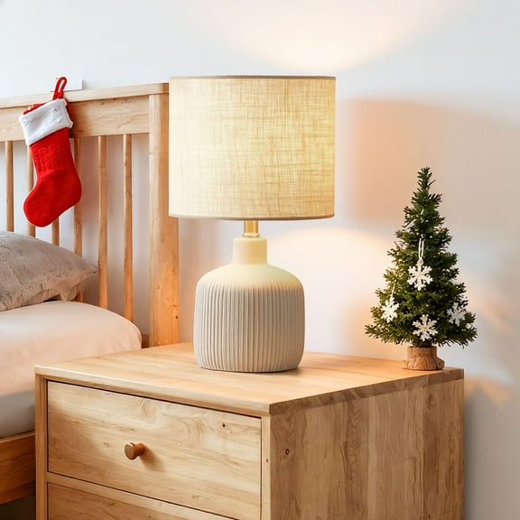 KAWOTI 17.75 in. Farmhouse Off White Ceramic Table Lamp with Beige shade